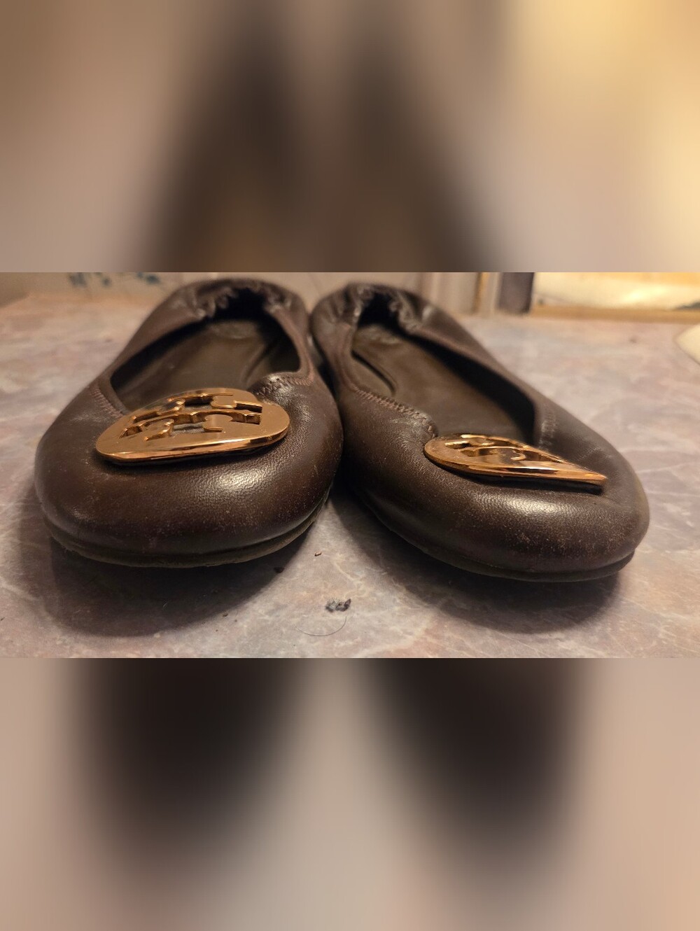 Tory Burch Brown Leather Logo Ballet Flats - Picture 2 of 6